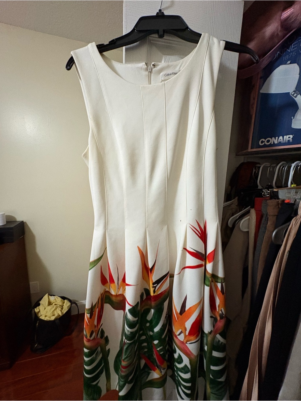 Calvin Klein White Midi Dress with Tropical Orange & Green Print